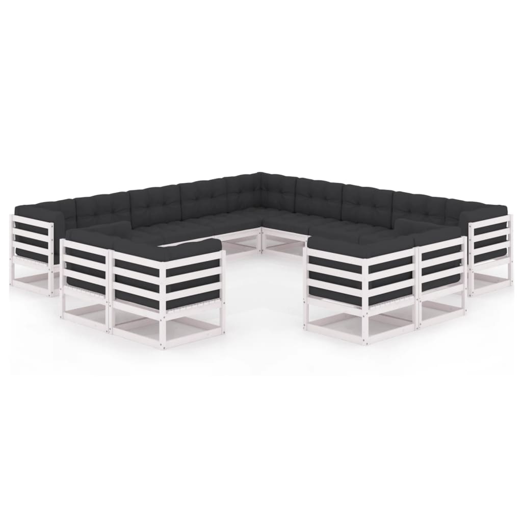 13-tlg. Garten-Lounge-Set mit Kissen Weiss Kiefer Massivholz